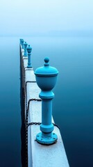 A serene view of a blue pier extending into a calm, misty body of water, capturing tranquility and peacefulness.