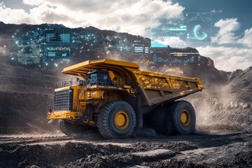 A massive dump truck works tirelessly in a rugged open pit mine, while holographic data displays enhance the mining operation's efficiency