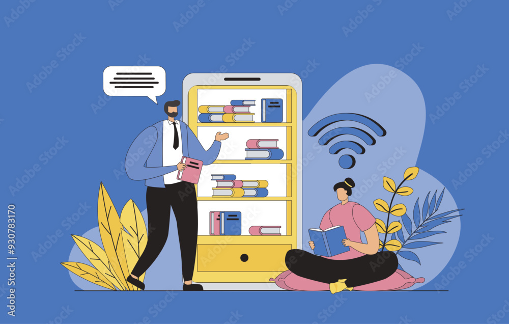 Aufkleber online library concept with modern flat design for web. man and woman reading e-books, storing digit