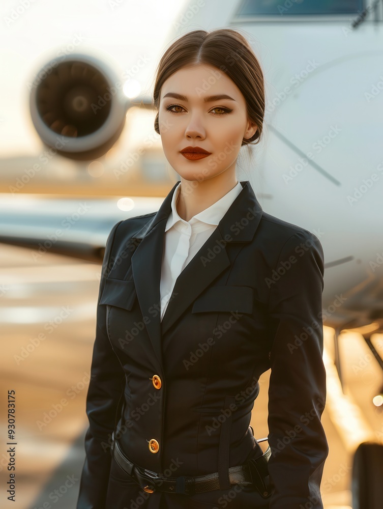 Poster a flight attendant poses elegantly in front of a jet, showcasing professionalism and style during a 