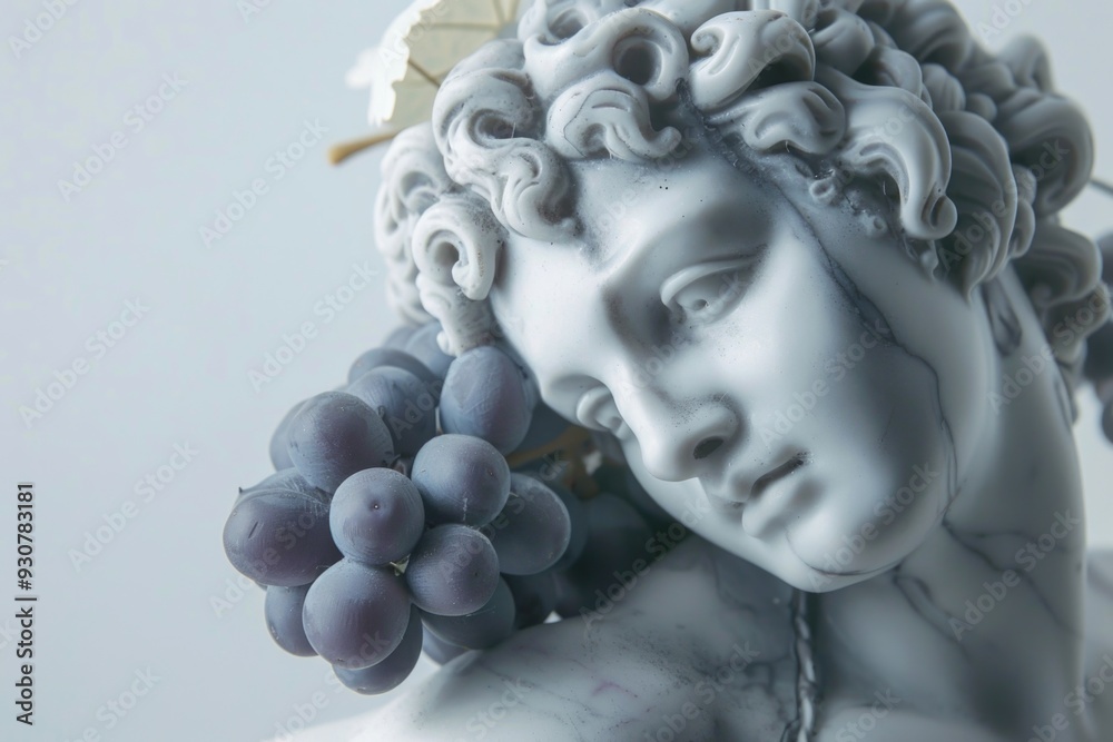 Poster a statue of a woman with grapes on her shoulder, suitable for use in still life or wine-related comp
