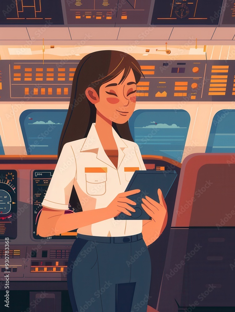 Poster a flight attendant stands in the cockpit, reviewing information on a tablet as preparation for takeo
