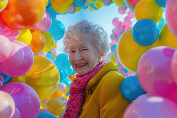 Obraz premium An elderly woman with a big smile stands within a vibrant balloon arch on a sunny day