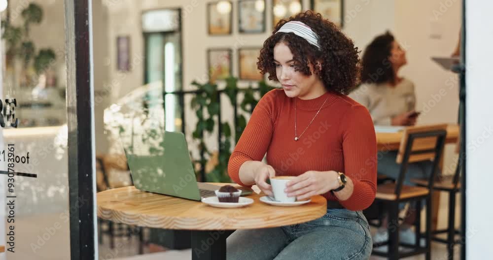 Sticker woman, laptop and freelancer in coffee shop for remote work, social networking and internet research