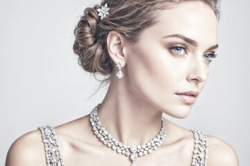 beautiful woman wearing jewelry, high key, clean image with copy space