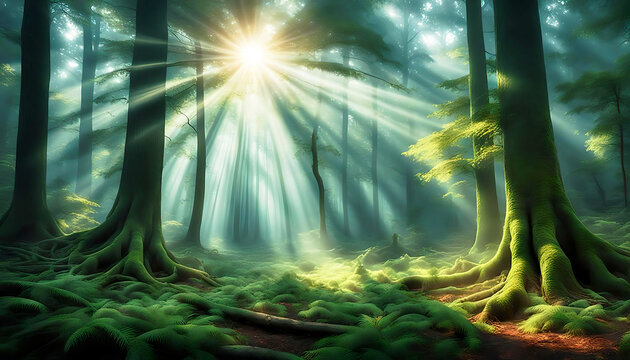 Wandbild fantasie Wald mit magisch leuchtend von Sonnenstrahlen durchflutet zwischen gr&uuml;nen B&auml;umen und &Auml;sten dunstig 