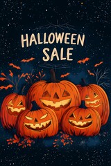 A festive Halloween sale poster featuring carved pumpkins against a starry night background.