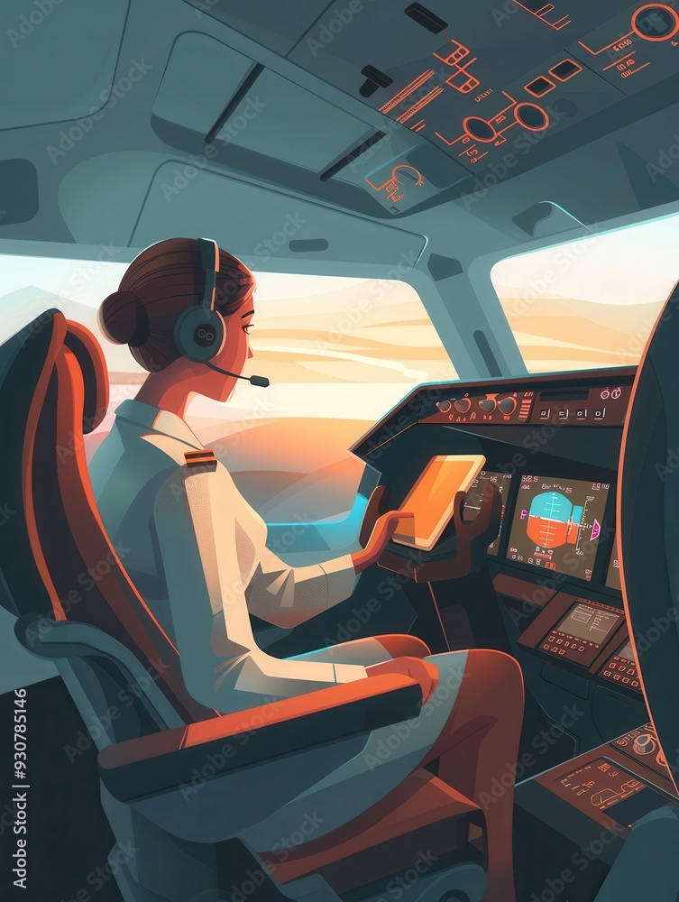 Poster The flight attendant is seated in the cockpit, using a tablet to monitor instruments and communicate as the sun sets outside the window. Generative AI