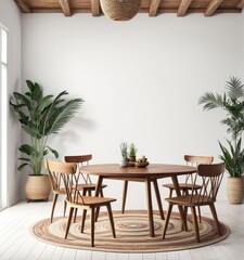 interior 3d rendering of boho style with wooden table and chairs and white walls