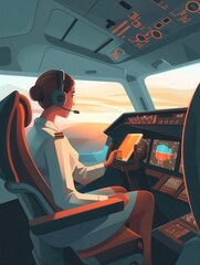 Naklejka premium The flight attendant is seated in the cockpit, using a tablet to monitor instruments and communicate as the sun sets outside the window. Generative AI