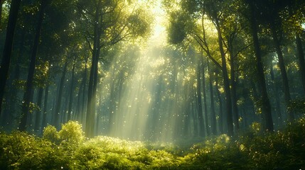 Obraz premium Sunbeams Through Forest Trees.