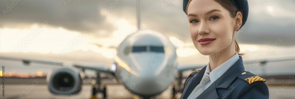 Poster a flight attendant smiles while standing in front of an airplane, showcasing her professional attire