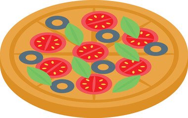 Round hot pizza lying on wooden board decorated with tomatoes, basil leaves and olives