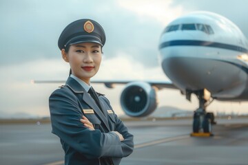 A flight attendant in uniform poses proudly by an airplane on the runway, exemplifying her commitment to airline service. Generative AI