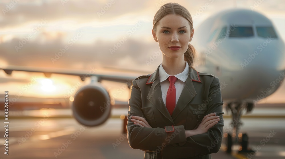 Poster a flight attendant poses confidently with her arms crossed in front of an airplane at sunset, symbol