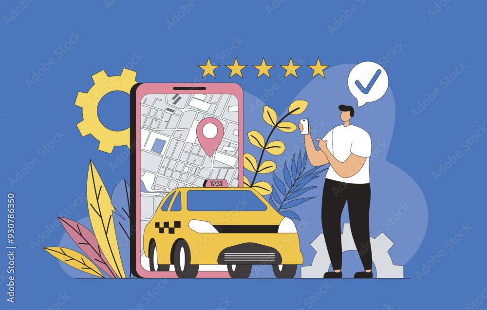 Fototapete taxi booking service concept with modern flat design for web. man looking for car and ordering taxi 