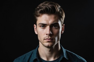 Obraz premium Young serious man on black background in low key