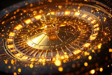 Golden Casino Roulette Wheel with Glittering Lights.