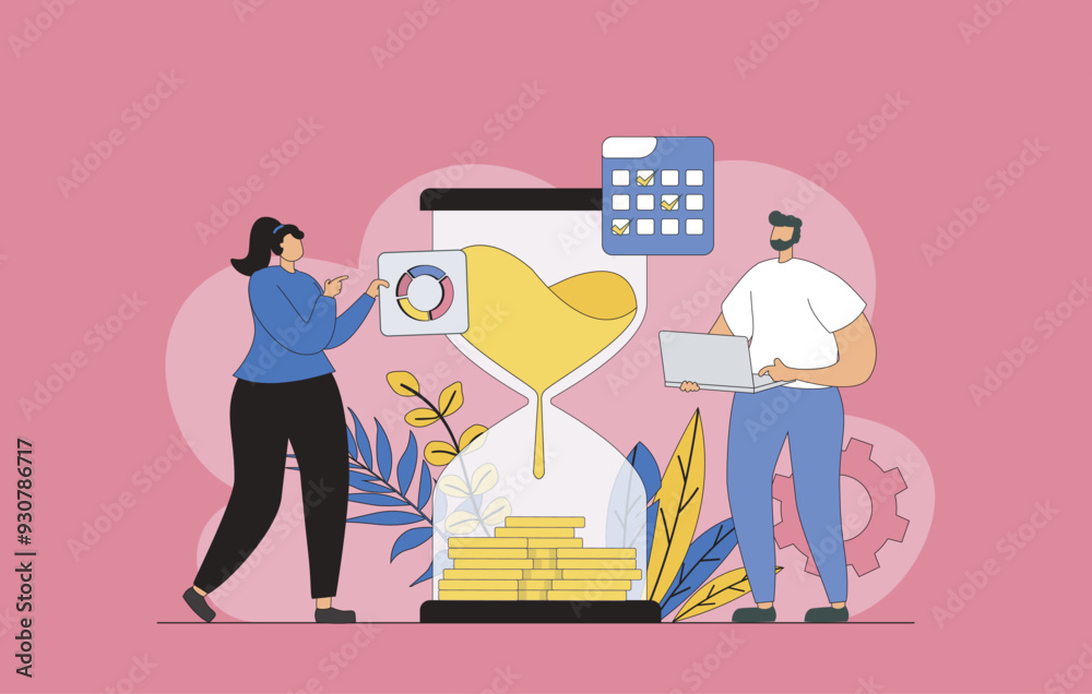 Aufkleber Time management concept with modern flat design for web. Man and woman using schedule with to-do lists, managing productivity process and making work efficiency optimization. Vector illustration.