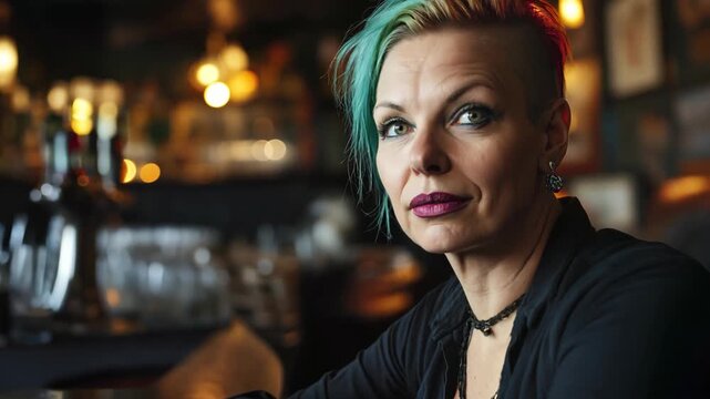 Middle age woman wearing unique punk style with blue hair sitting at local vintage bar