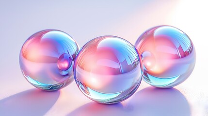 Iridescent Glass Spheres on Purple Background.