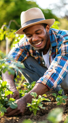 A man enjoys gardening by tending to plants in his lush, green garden under the morning sun