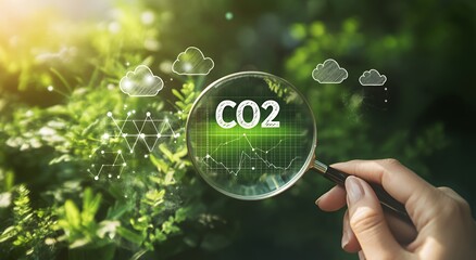 A hand holding a magnifying glass over greenery, highlighting CO2 data and environmental themes.