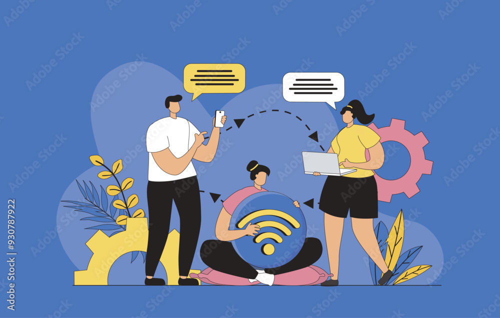 Aufkleber Wireless technology concept with modern flat design for web. Man and woman using free internet and connecting to wifi hotspot from laptop and smartphone for virtual chatting. Vector illustration.