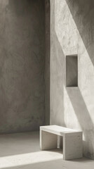 Sunlight streams through a window onto the concrete walls and bench in a minimalist space
