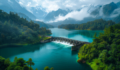 Obraz premium A beautiful mountain lake with a bridge over it. The water is calm and clear, and the surrounding trees are lush and green. The scene is serene and peaceful, and it evokes a sense of tranquility