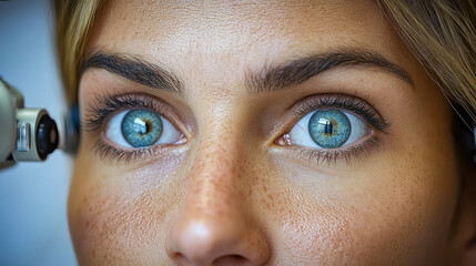 Naklejka premium Mujer joven rubia en clínica oftalmológica recibiendo diagnóstico sobre problemas visuales. Concepto de salud visual oftalmológica.