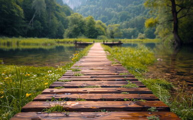 Obraz premium A wooden bridge spans a river, with a lush green forest in the background. The water is calm and clear, and the bridge is surrounded by grass and trees. The scene is peaceful and serene