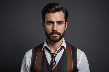 Fototapeta premium Low key portrait of attractive serious man with dark hair, mustache and beard in white shirt, brown vest and colorful striped tie