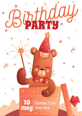 Childrens birthday invitationwith a cute bear in a gift box on a white background. Vector