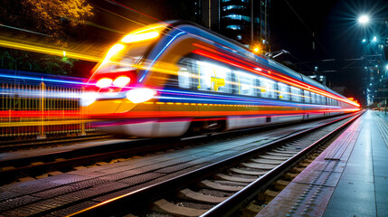 Fototapeta premium A train is moving down the tracks at night. The train is brightly lit and has a yellow stripe. The scene is very dynamic and exciting