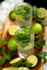 Detox drink with mint lime and mineral water in a glass jar