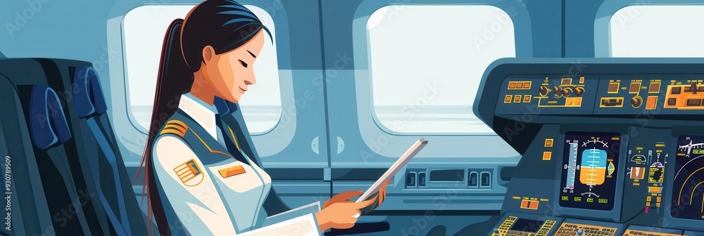 Poster a flight attendant is focused on safety procedures as the aircraft prepares for departure, ensuring 