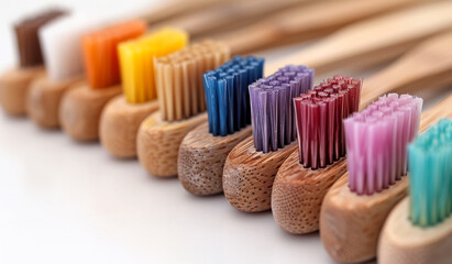A row of wooden toothbrushes with different colors. Concept of variety and diversity