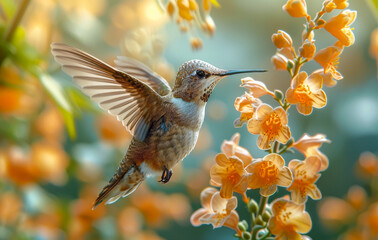 Fototapeta premium A hummingbird is flying over a flower with orange petals. Concept of freedom and beauty, as the bird gracefully moves through the air and the flowers bloom in vibrant colors