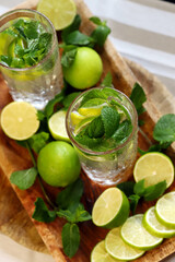 Detox drink with mint lime and mineral water in a glass jar