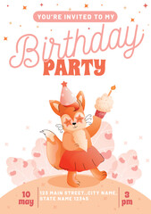 Childrens birthday invitation with a cute fox in a festive hat and a cake on a white background. Vector