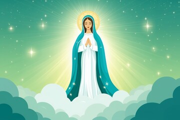 A serene depiction of a figure in prayer, surrounded by clouds and radiant light.