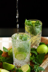Detox drink with mint lime and mineral water in a glass jar
