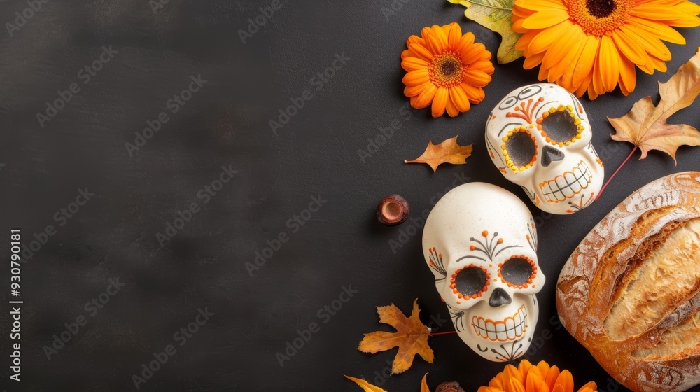 Wall mural a black background with two skulls and a loaf of bread