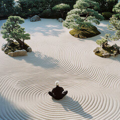 a person meditating in a beautifully arranged Zen garden, surrounded by raked sand and bonsai trees.