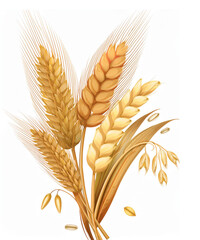 Oats and wheat, rye and barley spikelets and stems. Vector 3d realistic set, cartoon bundle of cereal growing plant with dry texture and seeds. Agriculture and harvesting wholegrain product