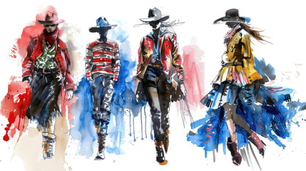 Naklejka premium Stylish models showcase vibrant outfits with striking colors on a runway full of artistic flair