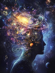 Cosmic orchestra artwork featuring a figure playing the violin surrounded by swirling galaxies, stars, and musical notes, blending the beauty of space with the harmony of music in a vibrant, surreal, 