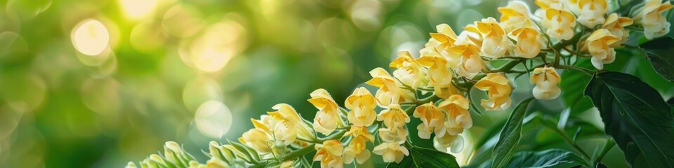 Golden Shrimp Plant in Bloom Featuring Yellow Bracts and White Flowers in a Spring Garden