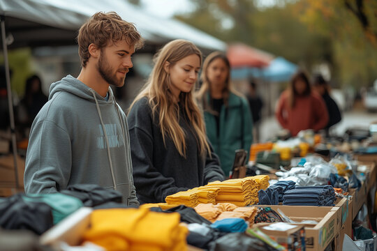 Volunteers organizing a charity garage sale, raising funds by selling donated items from the community.